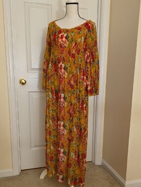 NEW Floral Maxi Dress Wide Sleeves Mustars Yellow Pink M